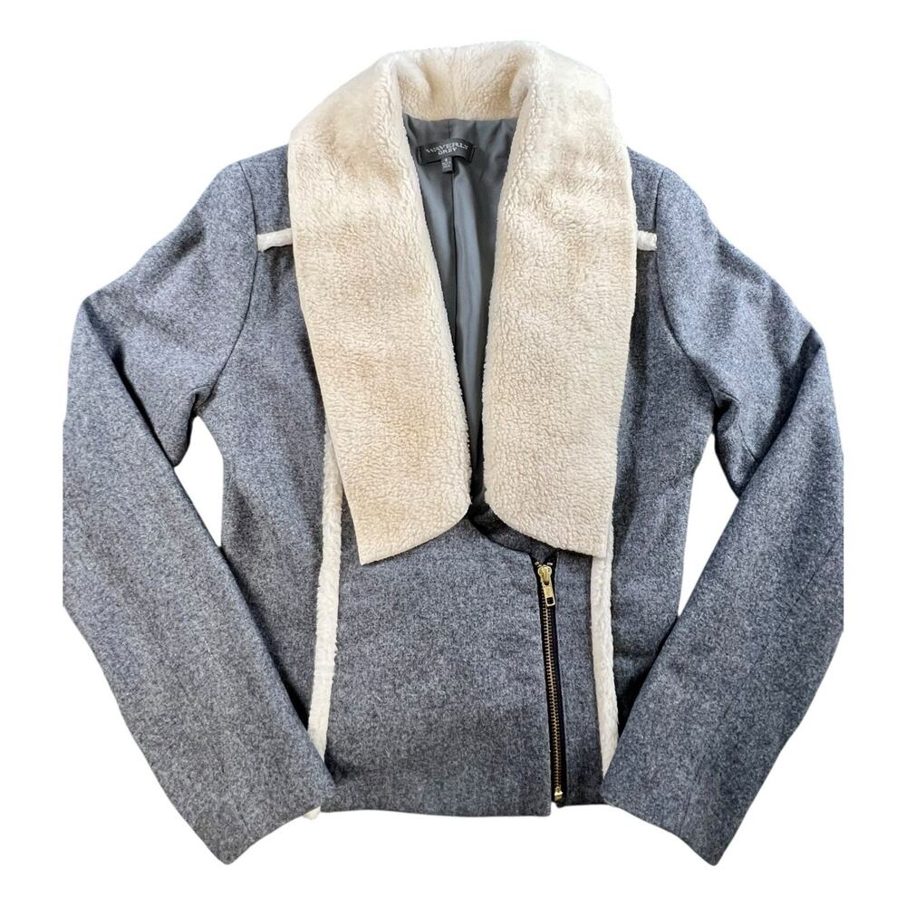 Waverly Grey Wool Moto Jacket Women 4 Gray Asym Zip Shearling Collar USA